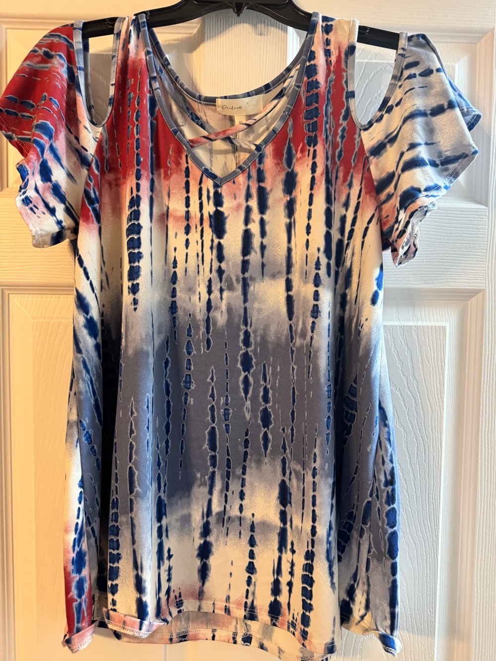 Tie-Dye Cold-Shoulder V-Neck Top - Blue, White & Red